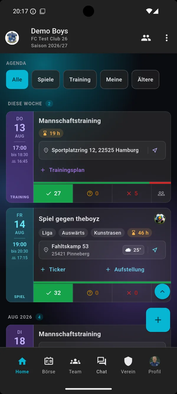 Event Liste: Training & Spiele in der bolzn-App