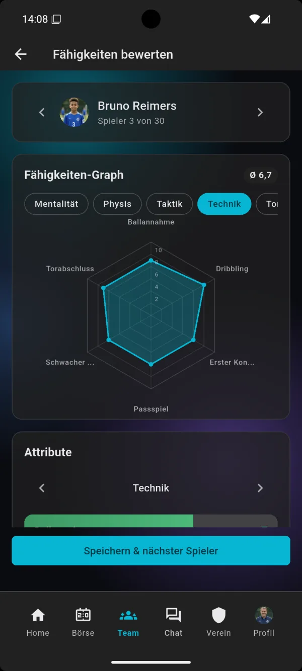 Spieler-Detail: Fähigkeiten & Leistungen in der bolzn-App