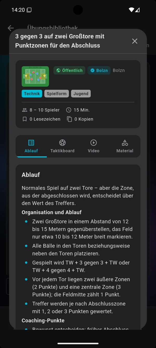 Fußballübung mit Ablauf, Spielerzahl, Dauer und Taktikboard-Skizze